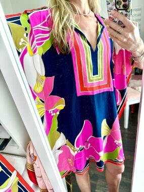 Trina Turk Silk Caftan Floral Resort Tunic Dress Coverup XS S